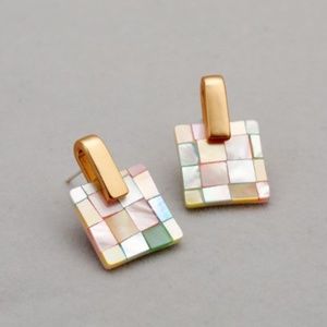 Handmade Mother of Pearl Earrings Geometric Quilted Pattern Earrings